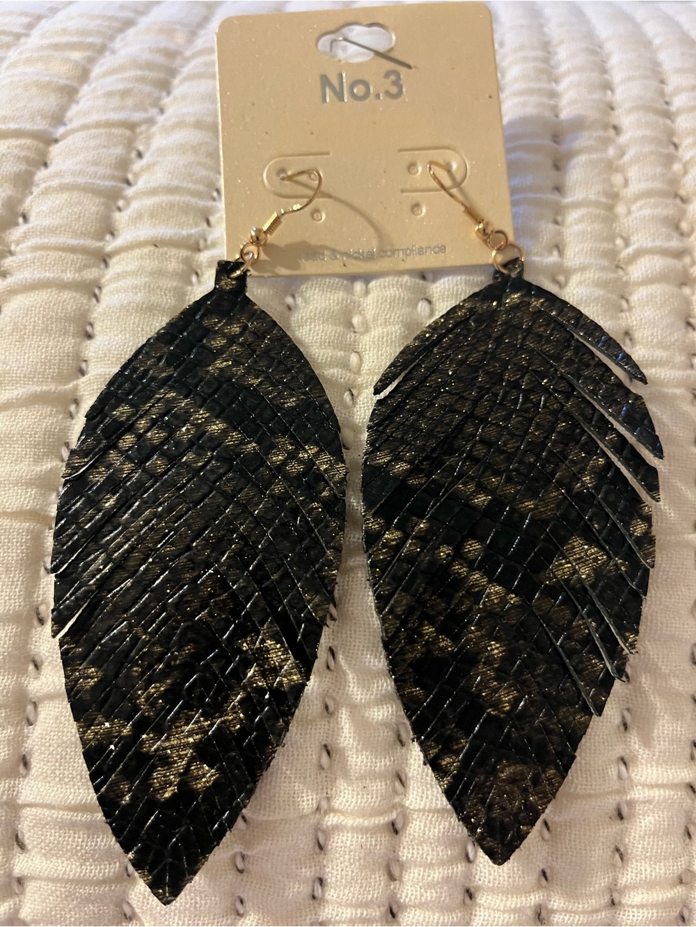 Black and Gold Leather Leaf Drop Earrings